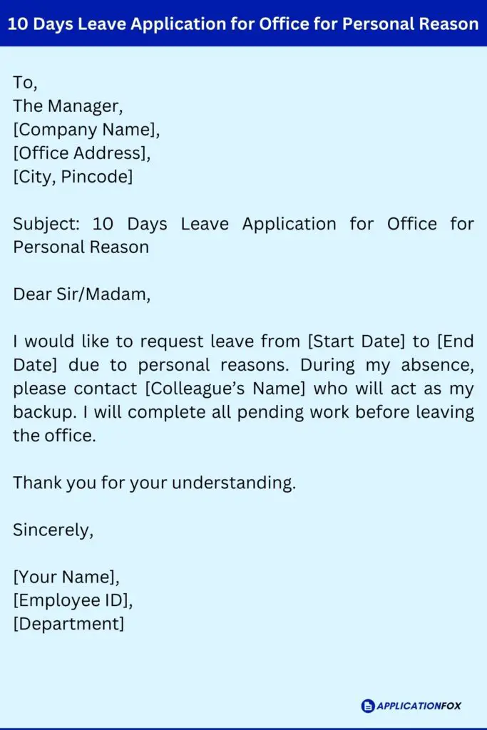 10 Days Leave Application for Office for Personal Reason