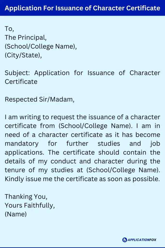 Application For Issuance of Character Certificate