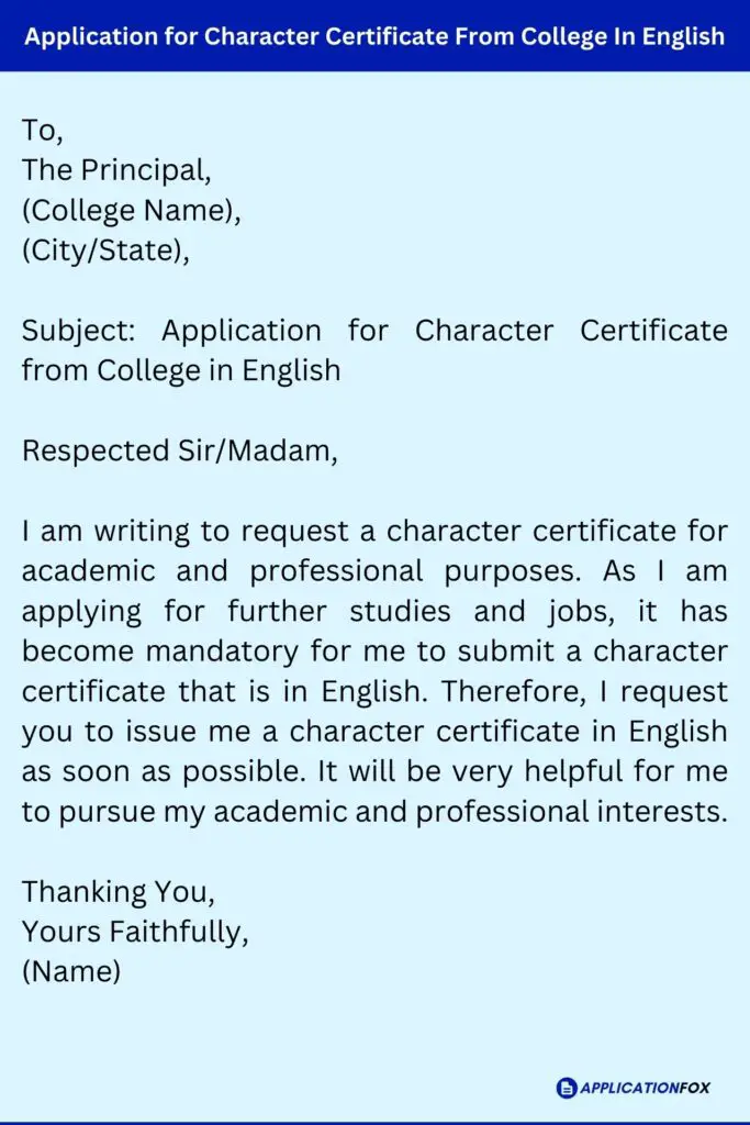Application for Character Certificate From College In English