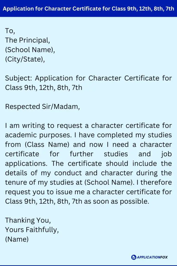 Application for Character Certificate for Class 9th, 12th, 8th, 7th