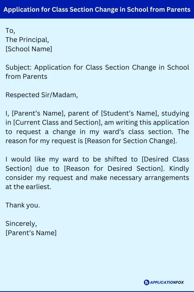 Application for Class Section Change in School from Parents