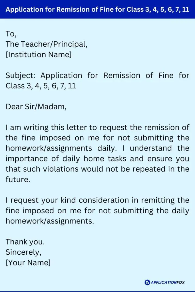 Application for Remission of Fine for Class 3, 4, 5, 6, 7, 11