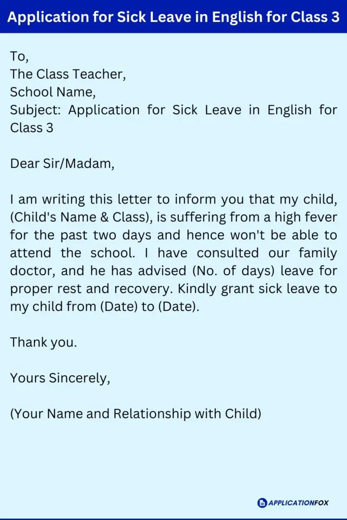 Application for Sick Leave in English for Class 3