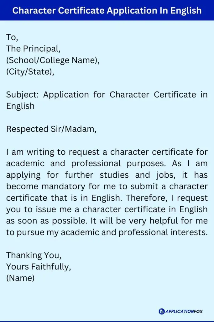 Character Certificate Application In English