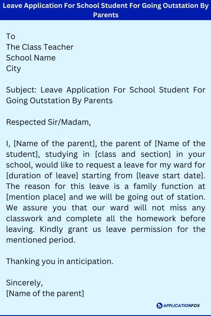 Leave Application For School Student For Going Outstation By Parents