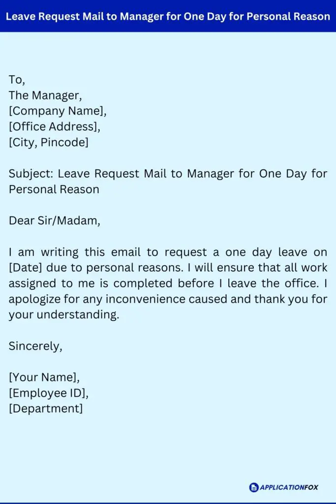 Leave Request Mail to Manager for One Day for Personal Reason