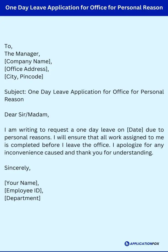 One Day Leave Application for Office for Personal Reason