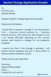 (7+Samples) Application for Section Change in School