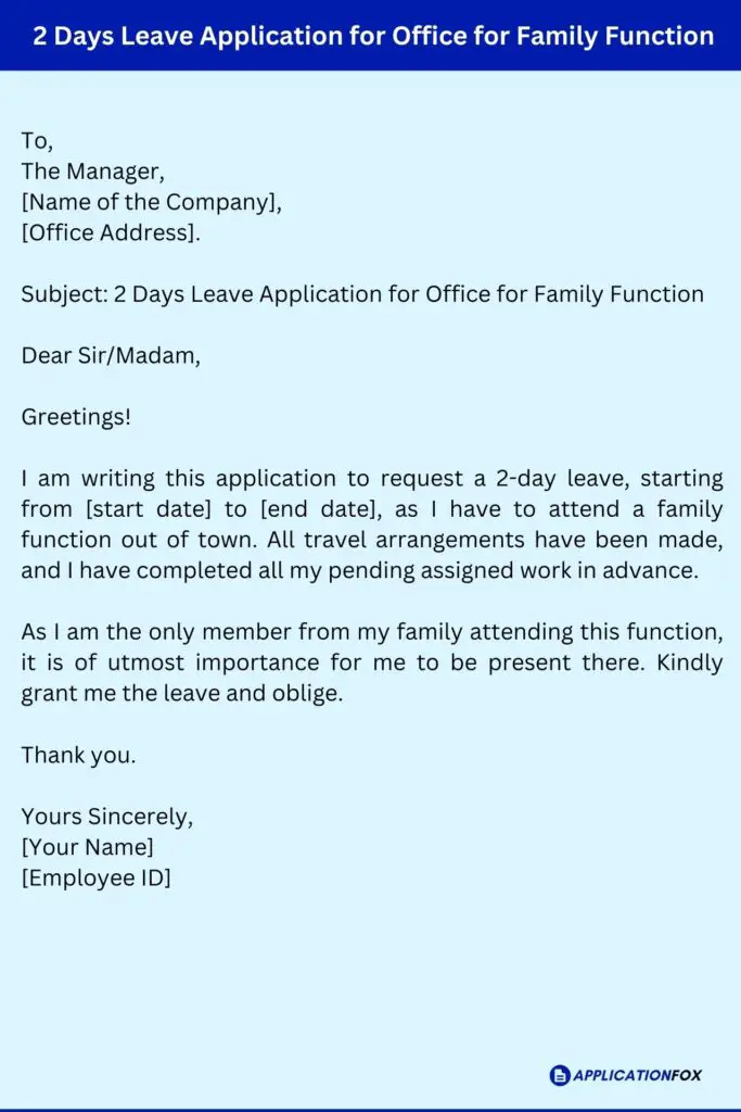 2 Days Leave Application for Office for Family Function