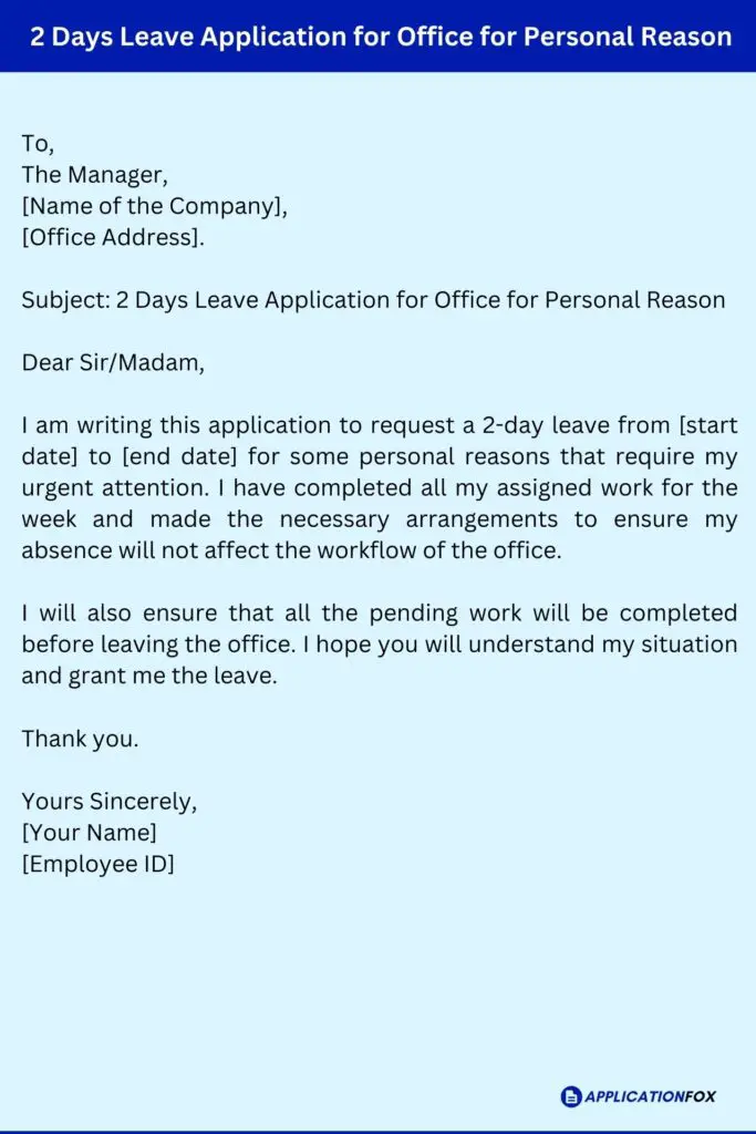 2 Days Leave Application for Office for Personal Reason