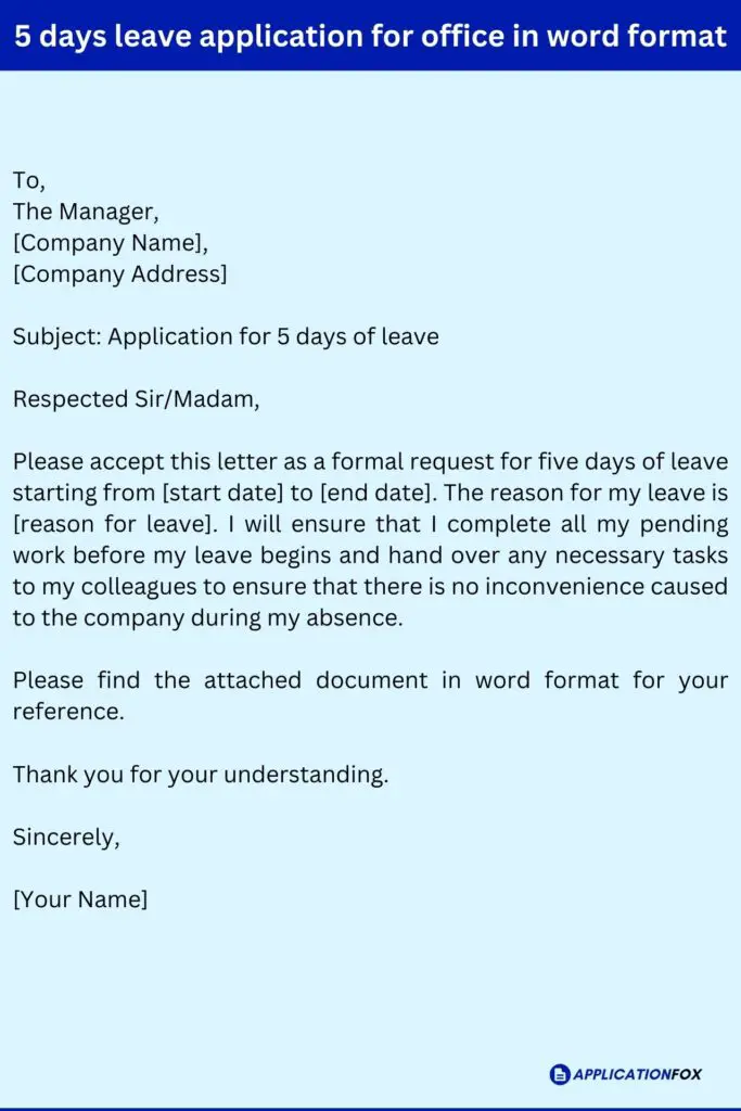 5 days leave application for office in word format