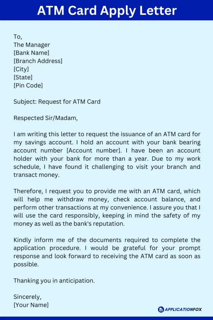 atm card application letter in english