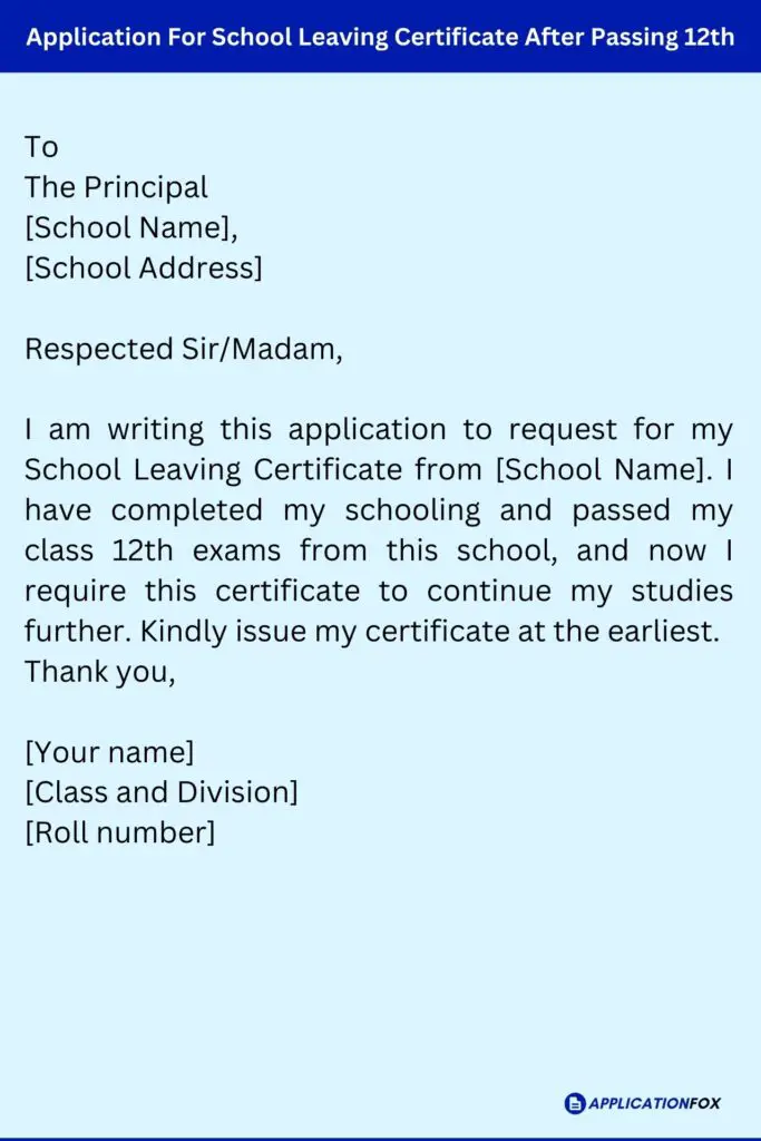 Application For School Leaving Certificate After Passing 12th