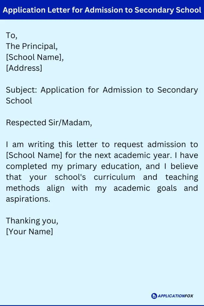 Application Letter for Admission to Secondary School