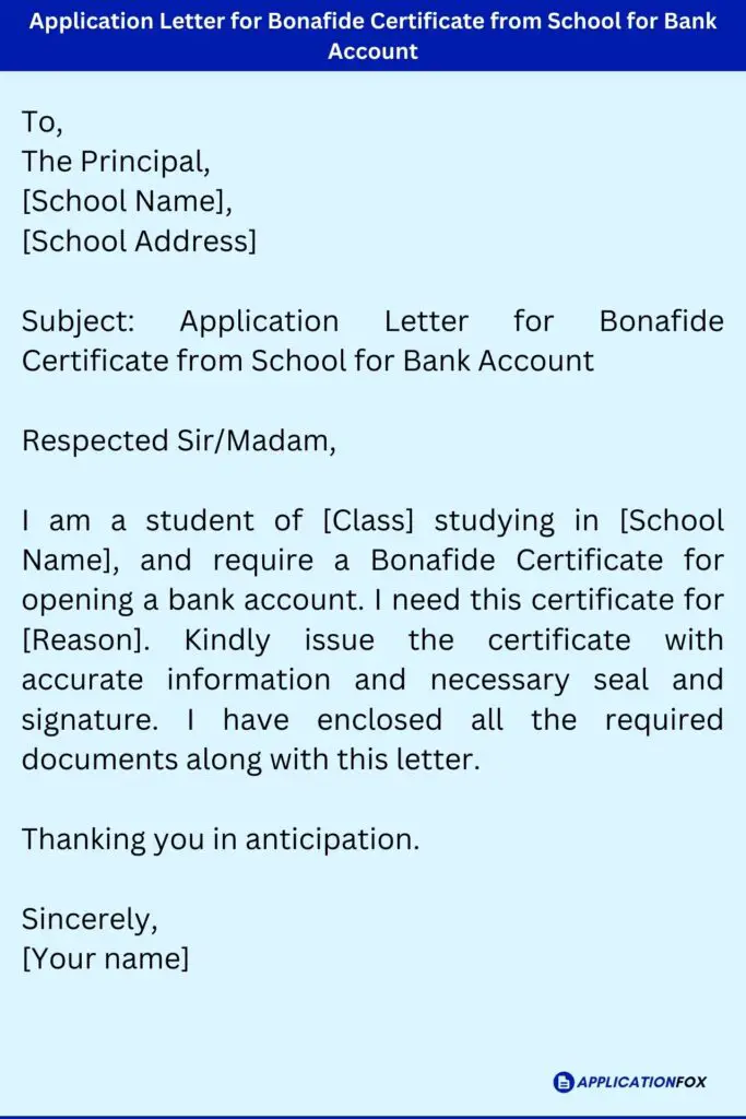 Application Letter for Bonafide Certificate from School for Bank Account