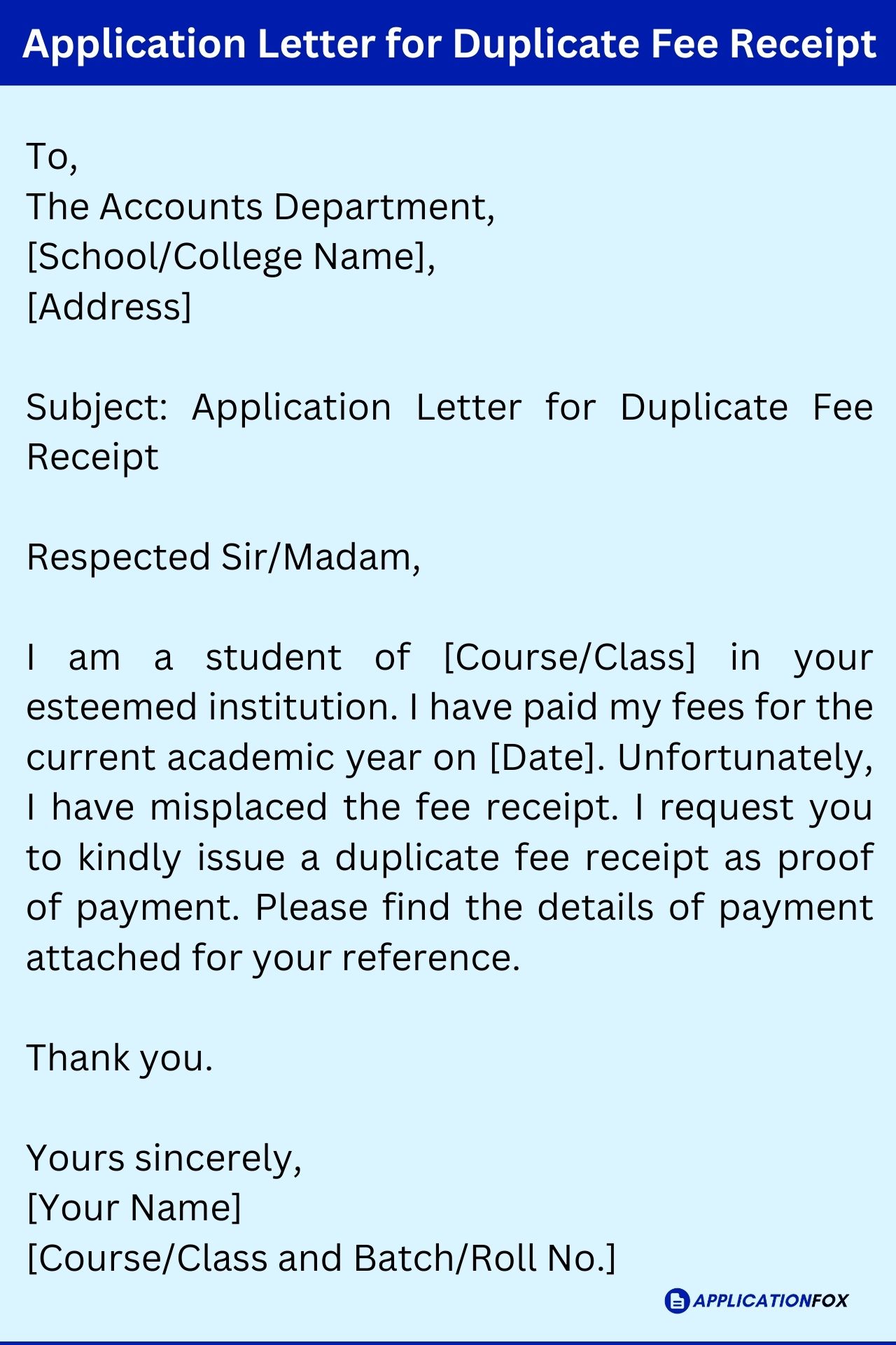 application letter for school fee receipt