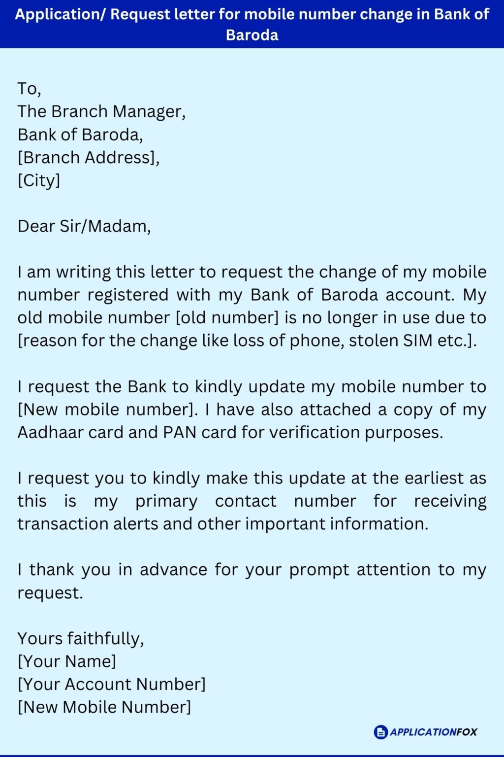 application letter to bank manager for change of mobile number