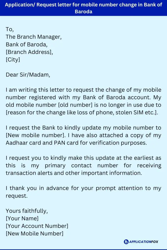 Application/ Request letter for mobile number change in Bank of Baroda