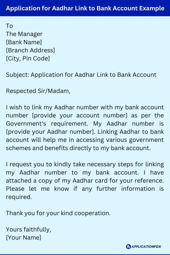 Application for Aadhar Link to Bank Account Example