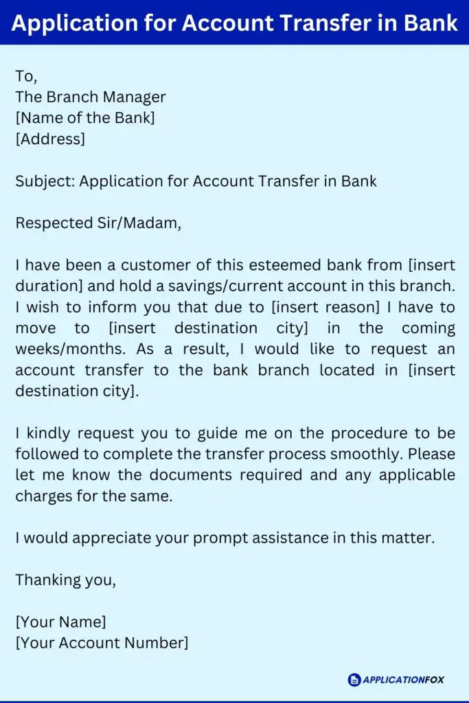 Application for Account Transfer in Bank