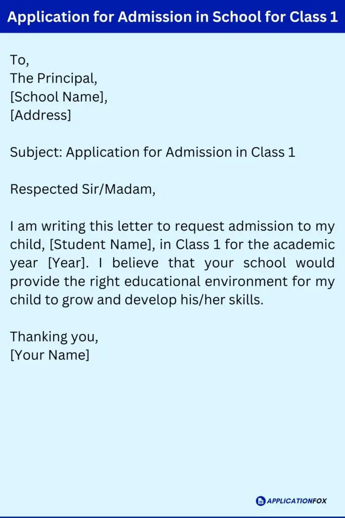 Application for Admission in School for Class 1
