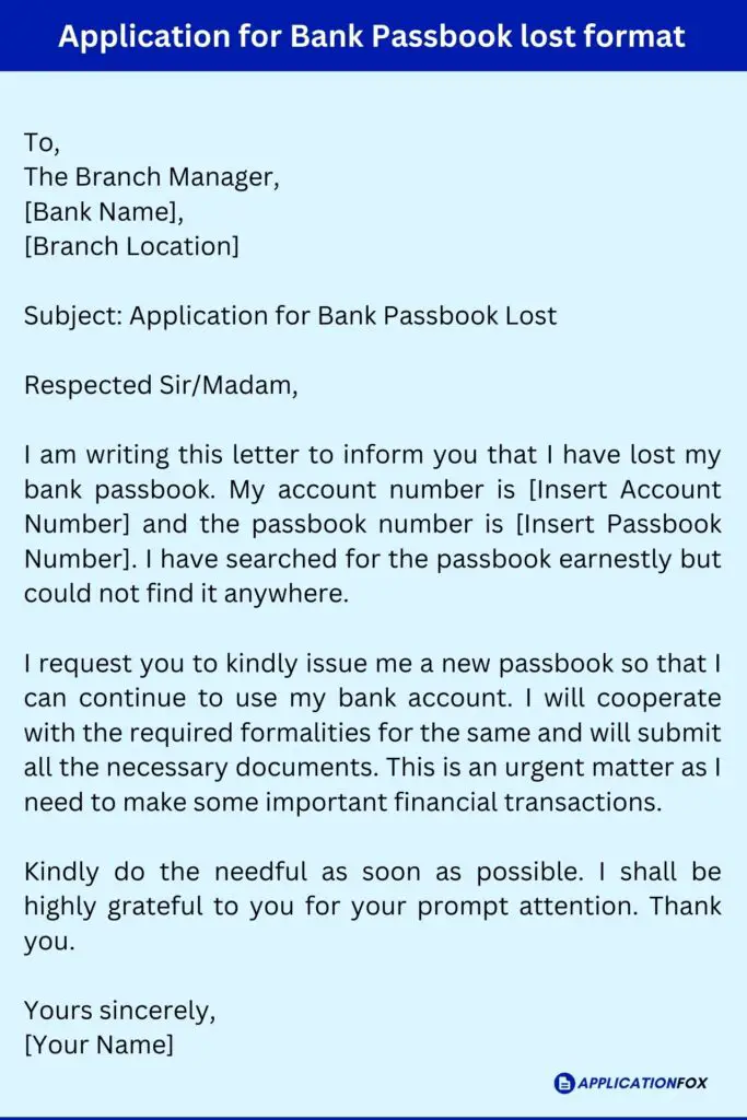 Application for Bank Passbook lost format