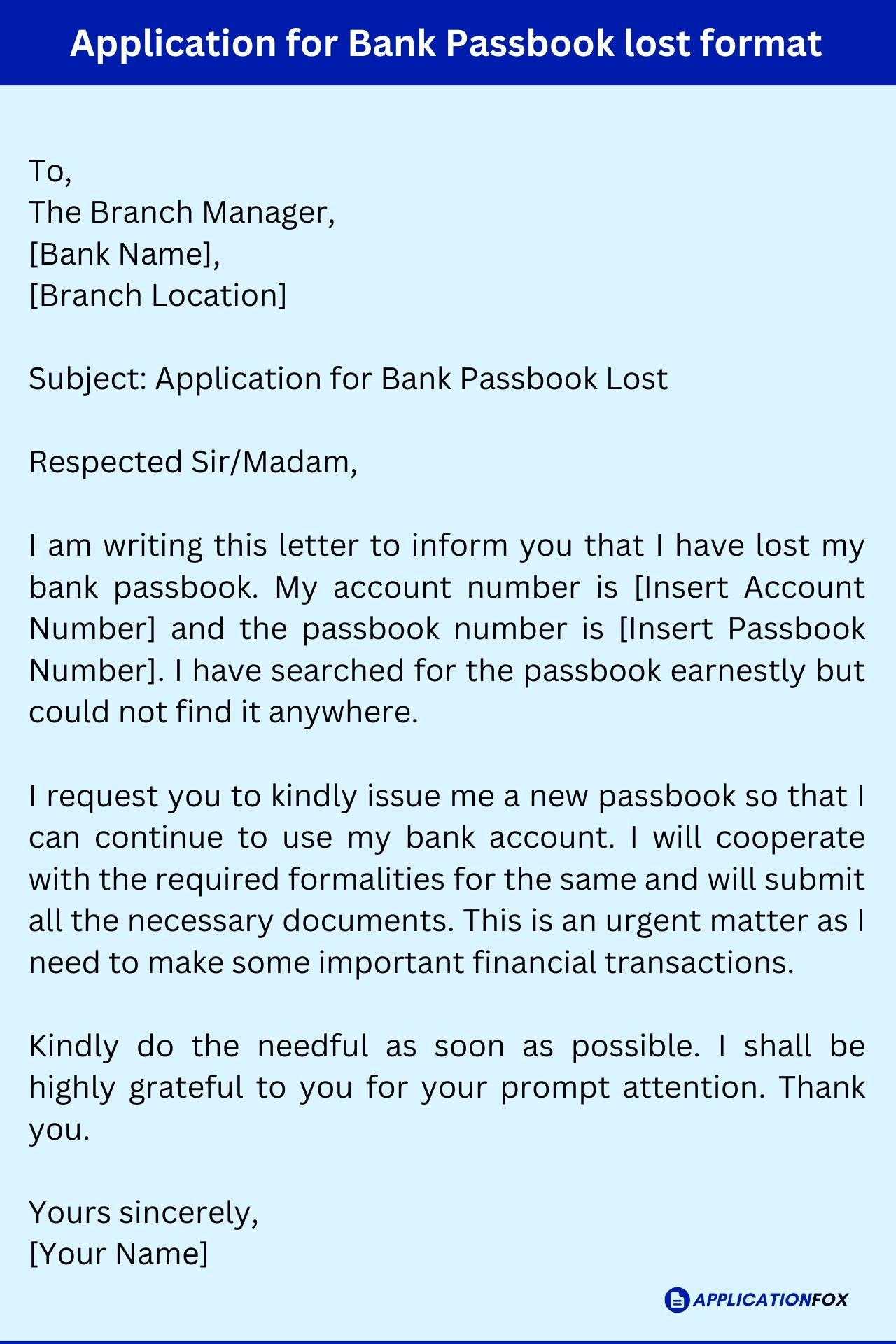 application letter for passbook lost