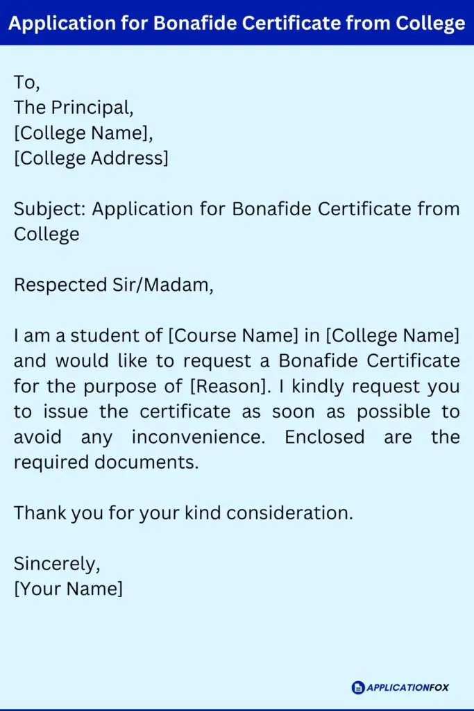 Application for Bonafide Certificate from College
