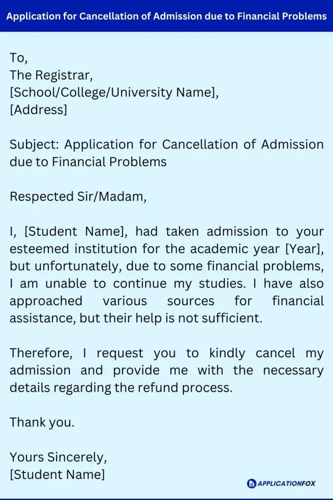 Application for Cancellation of Admission due to Financial Problems