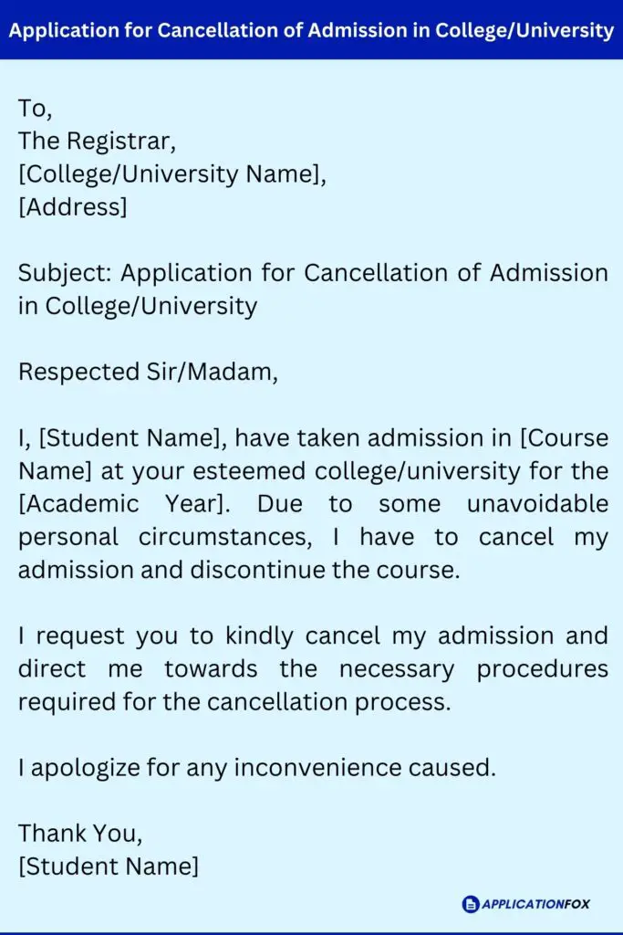 Application for Cancellation of Admission in College/University
