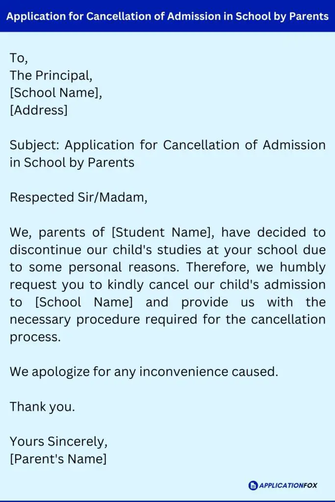 Application for Cancellation of Admission in School by Parents