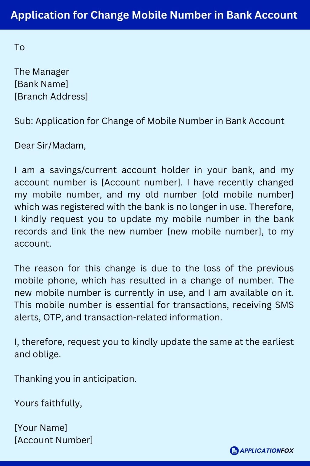 (11+) - Application for Change Mobile Number in Bank Account