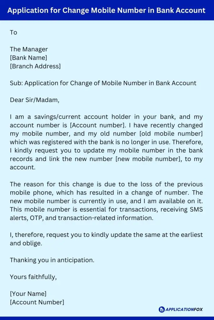 Application for Change Mobile Number in Bank Account