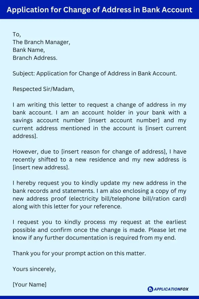 Application for Change of Address in Bank Account 1