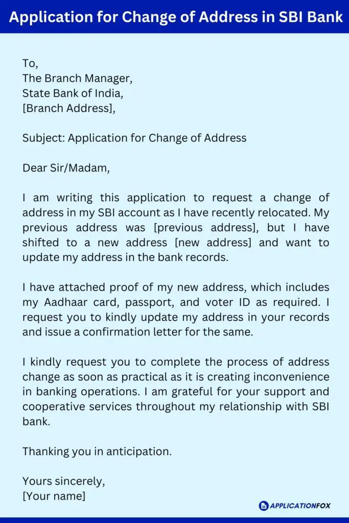 Application for Change of Address in SBI Bank