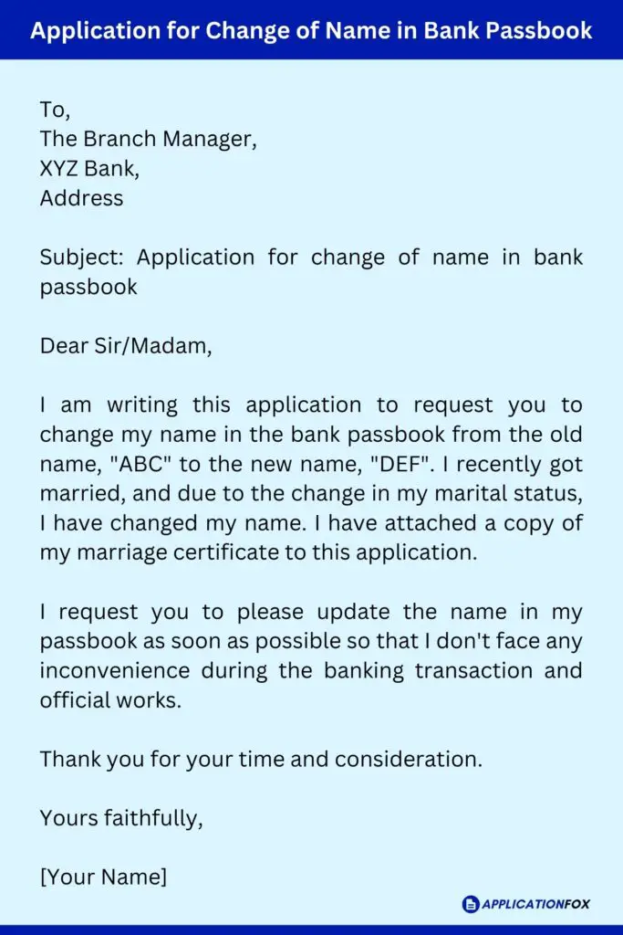 Application for Change of Name in Bank Passbook