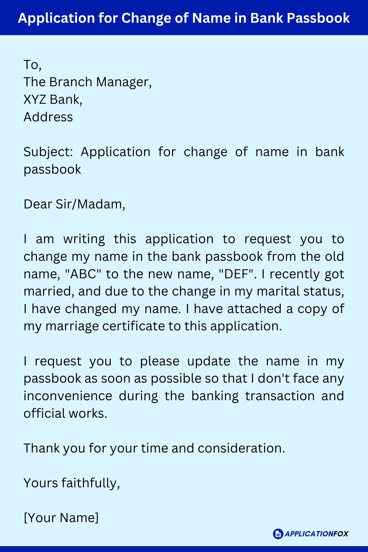 application letter for change of name in passbook