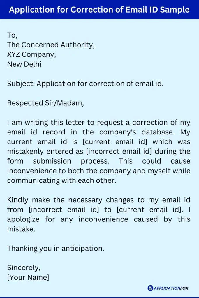 Application for Correction of Email ID Sample