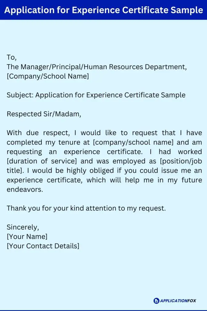 Application for Experience Certificate Sample