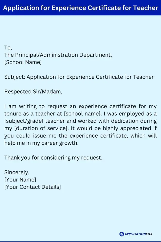 Application for Experience Certificate for Teacher