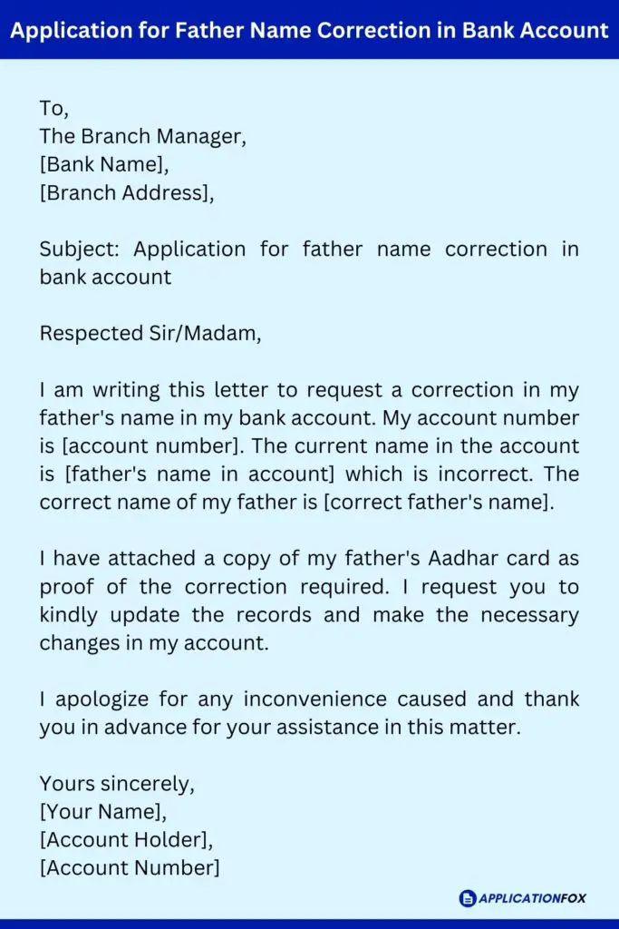 Application for Father Name Correction in Bank Account
