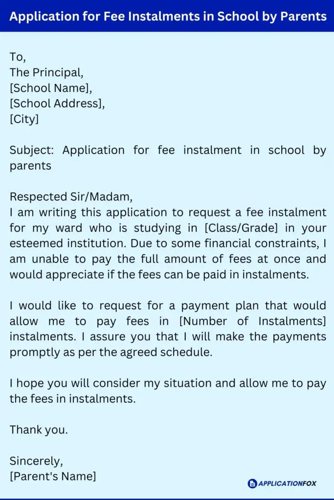 Application for Fee Instalments in School by Parents