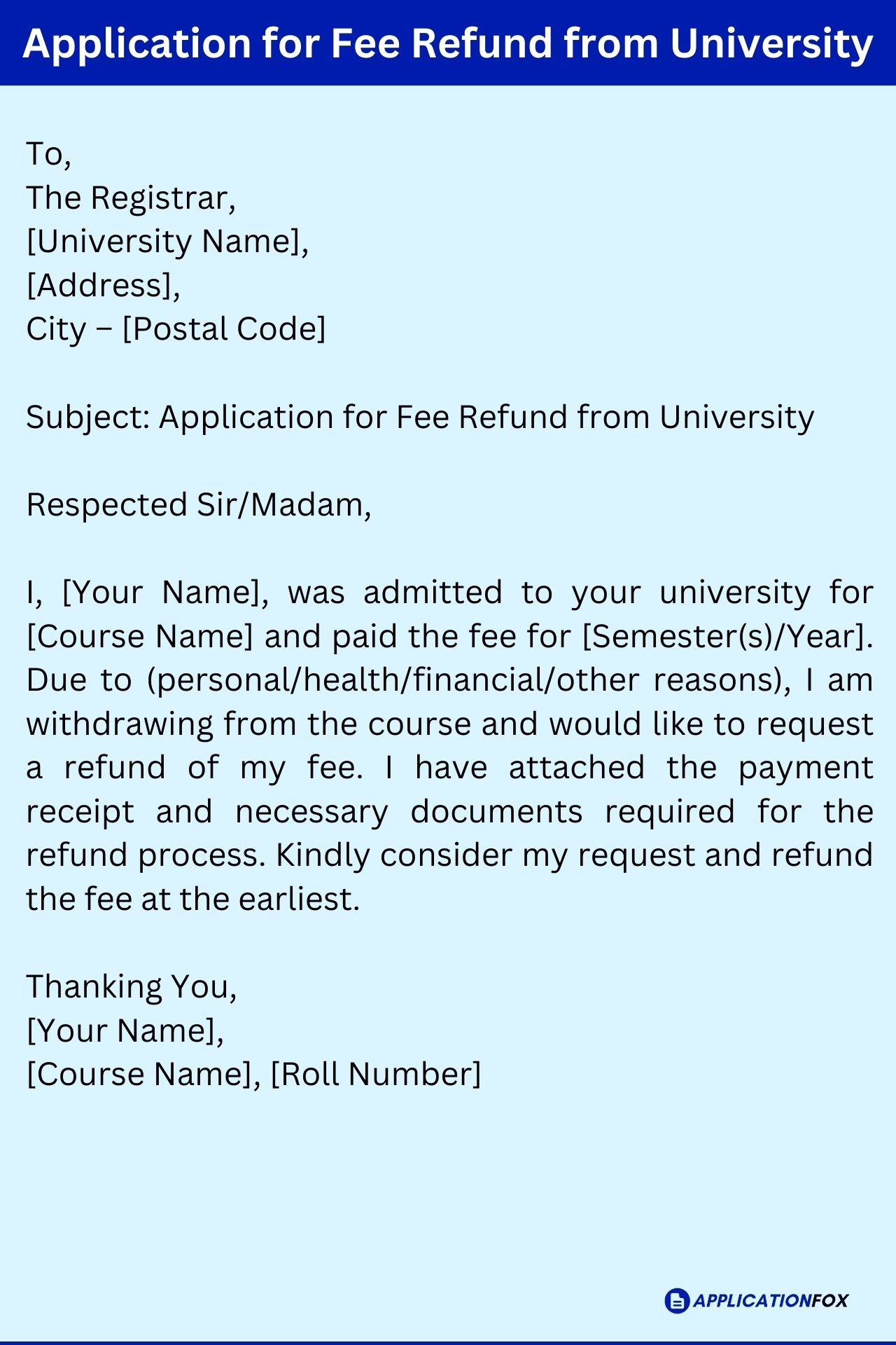 application letter for refund of admission fee