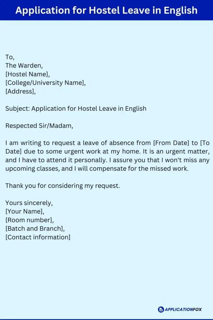 Application for Hostel Leave in English