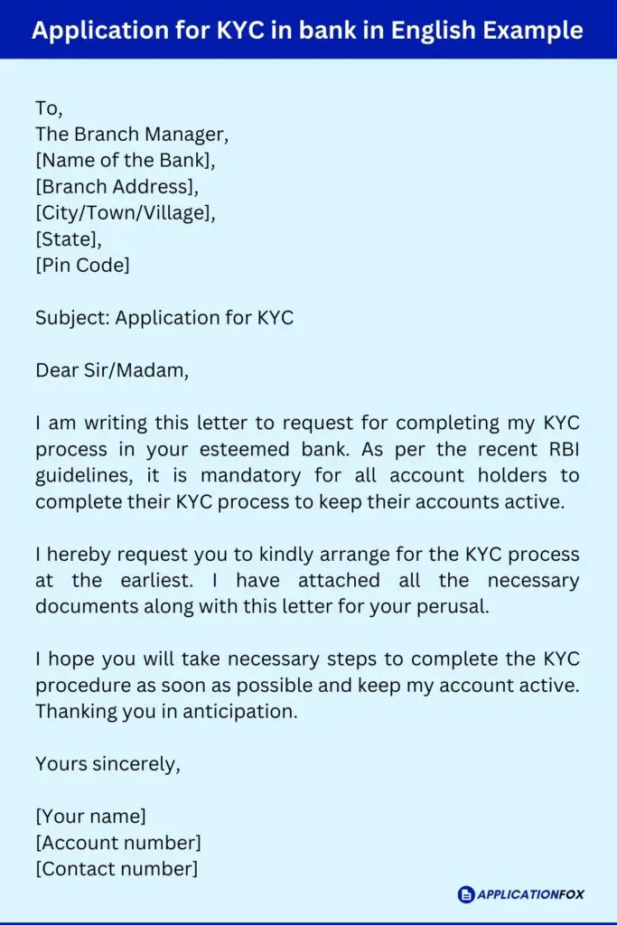 Application for KYC in bank in English Example