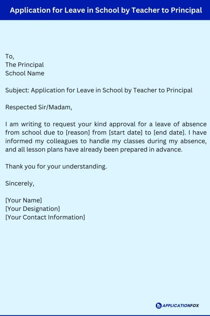 Application for Leave in School by Teacher to Principal