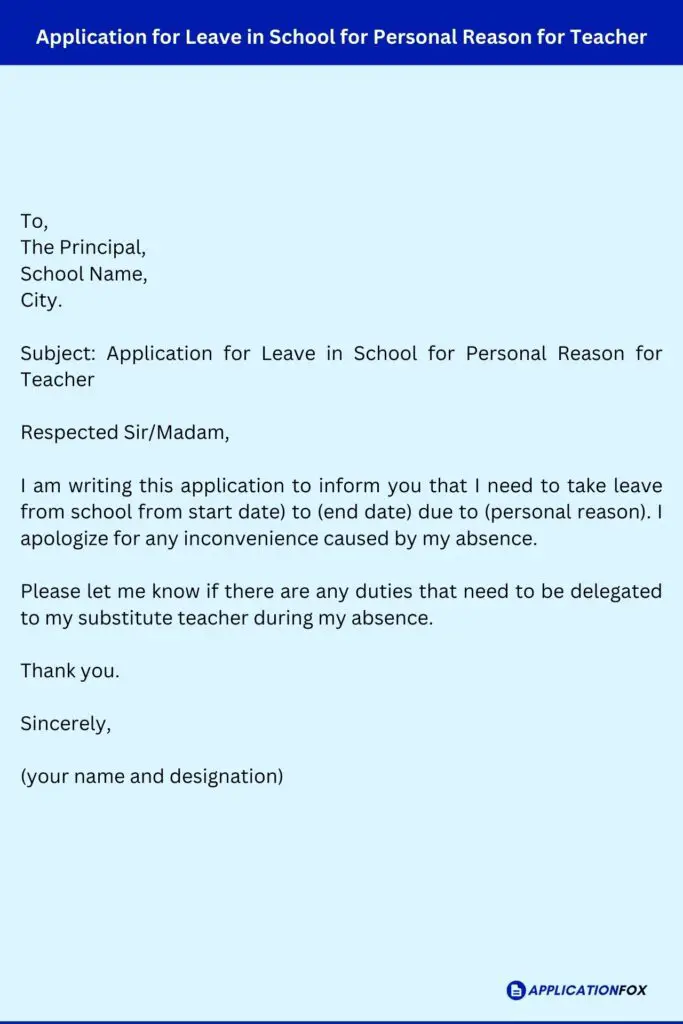 Application for Leave in School for Personal Reason for Teacher