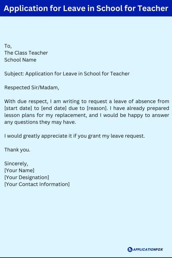 Application for Leave in School for Teacher
