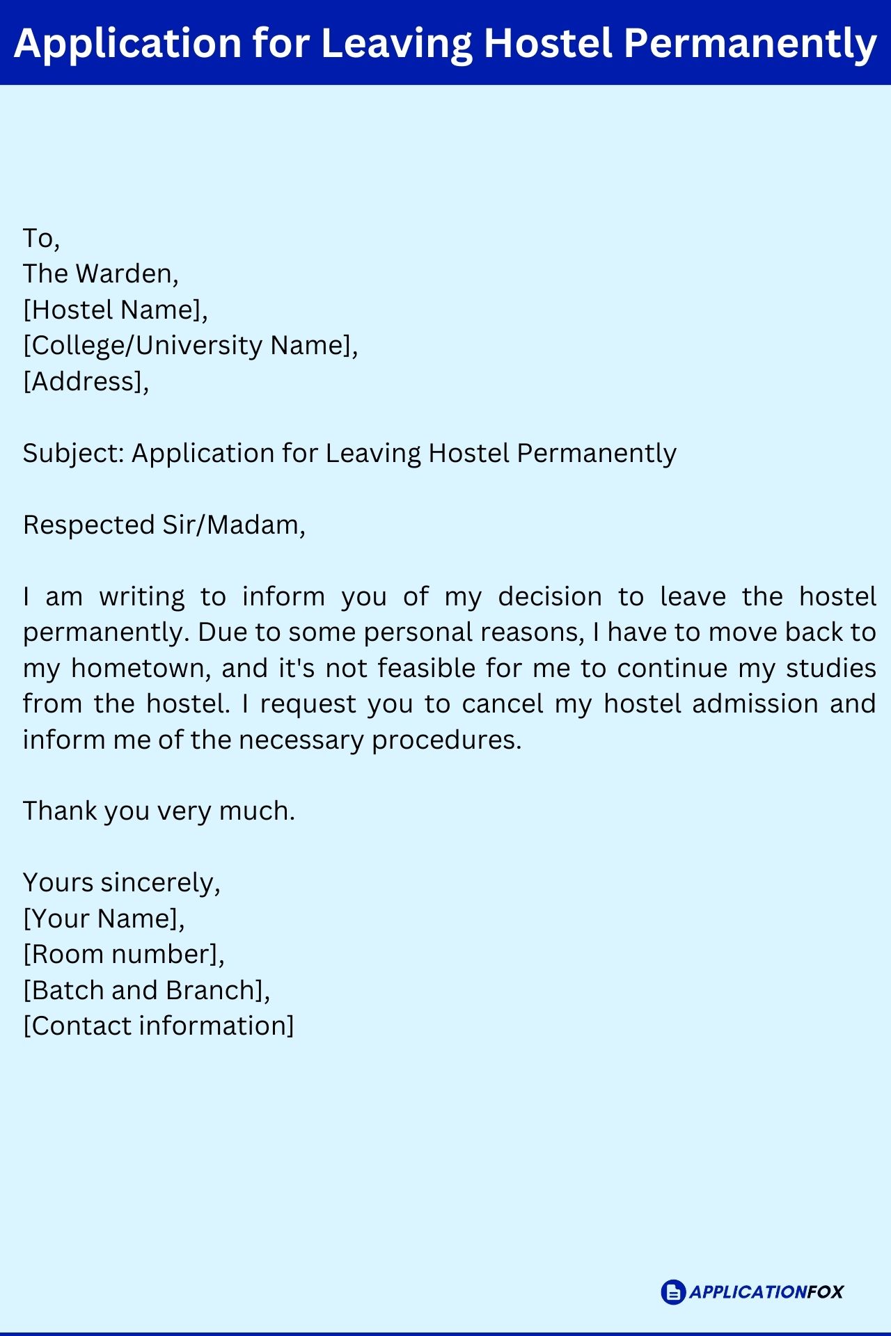 application letter for leaving hostel permanently