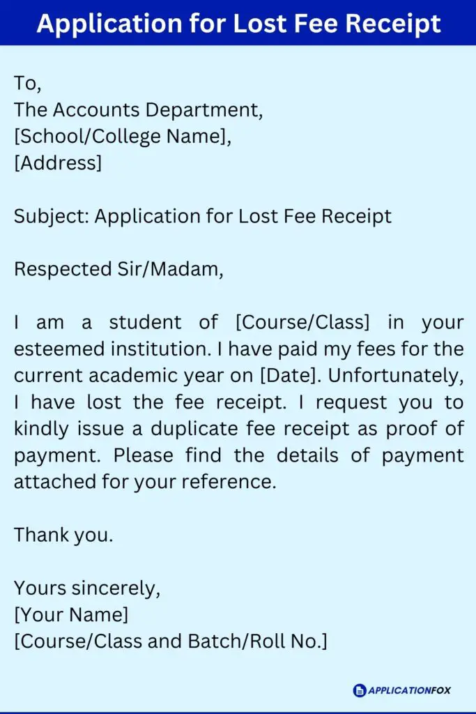 Application for Lost Fee Receipt